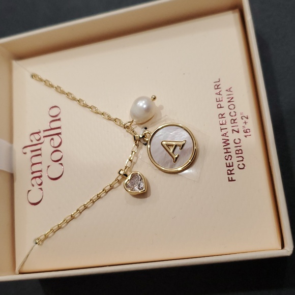 Camila Coelho gold plated freshwater pearl cubic zirconia 16" A initial necklace - Picture 5 of 5